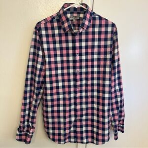 Express Men's Pink and Navy Plaid Button Down Shirt Size Large (16-16 1/2)